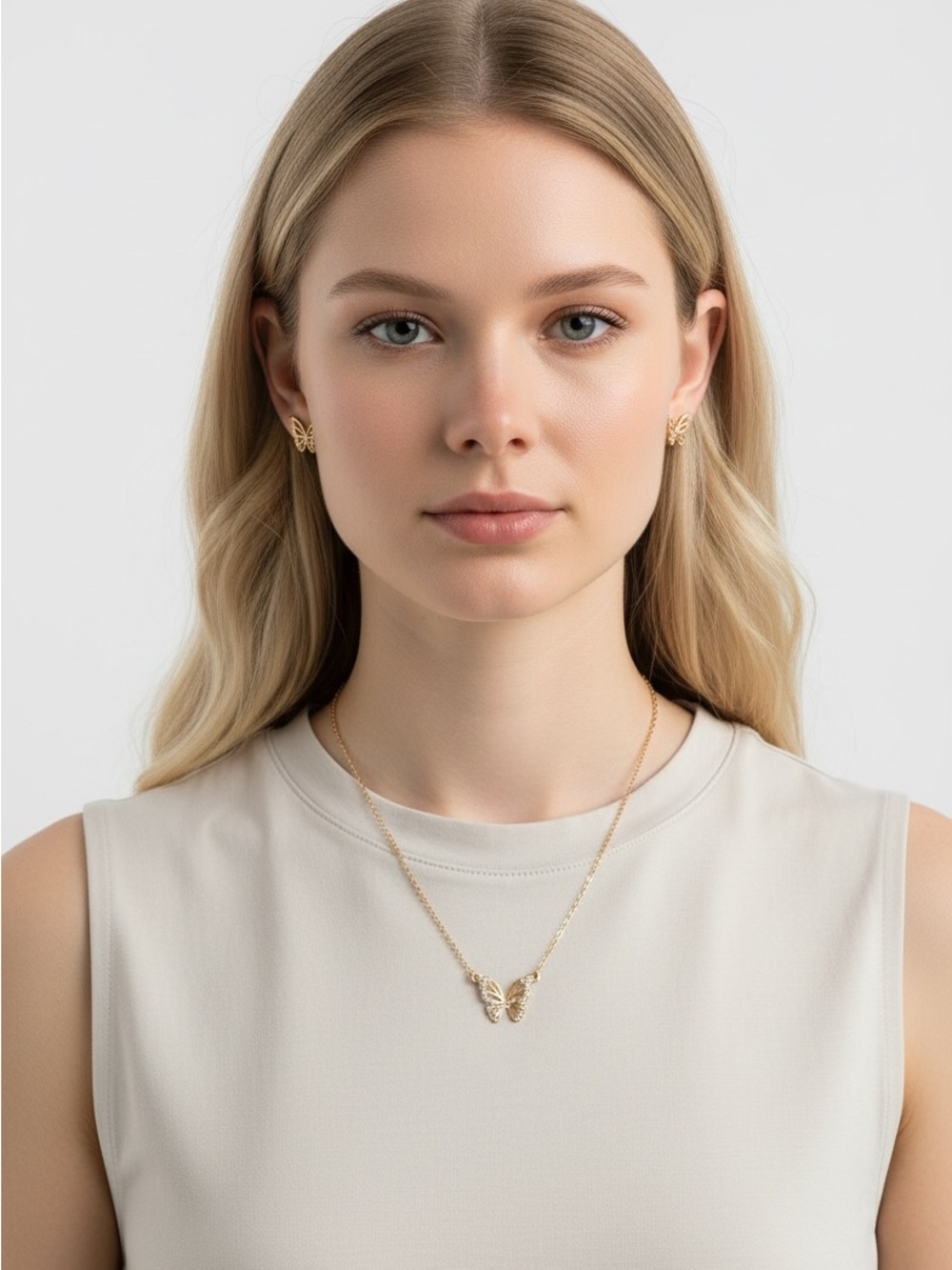 10/16 Gold Butterfly Pendant Necklace and Stud Earrings Set